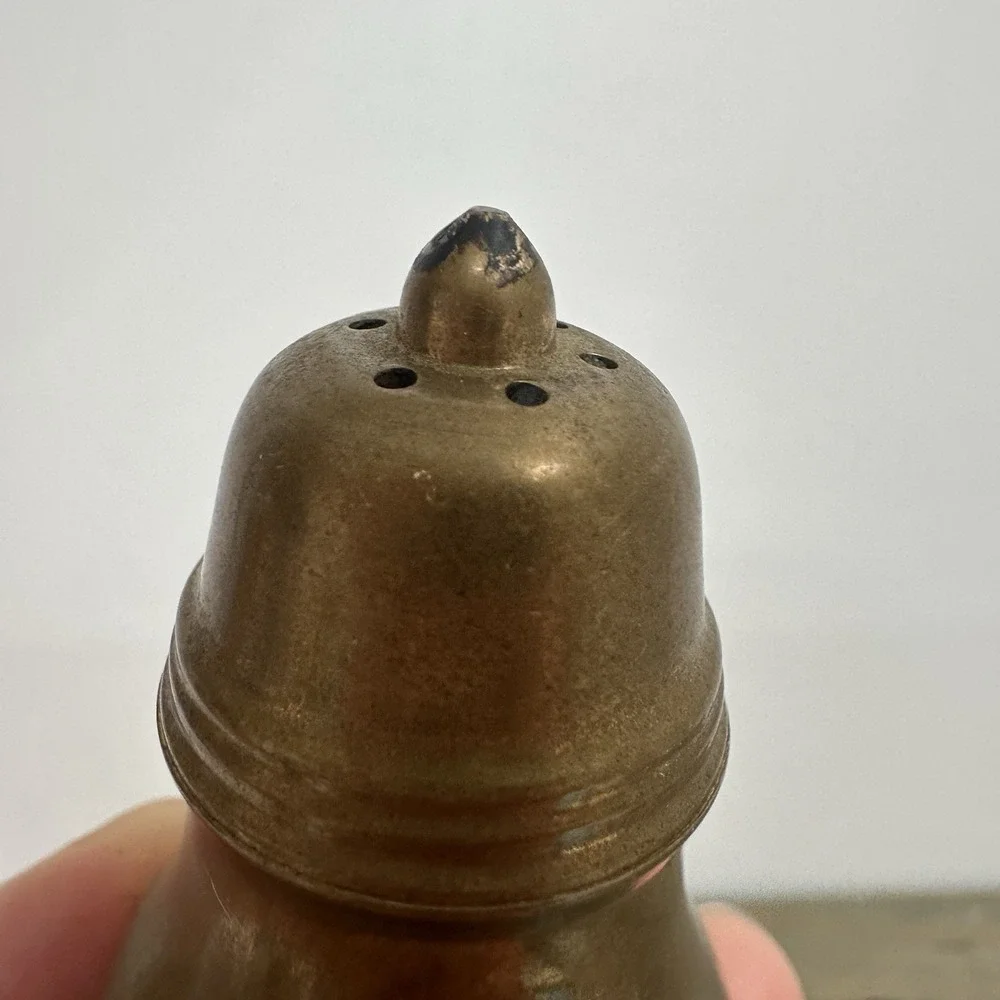 Vintage MCM Solid Brass Salt And Pepper Shakers Lined Screw on Lid Patina Clean